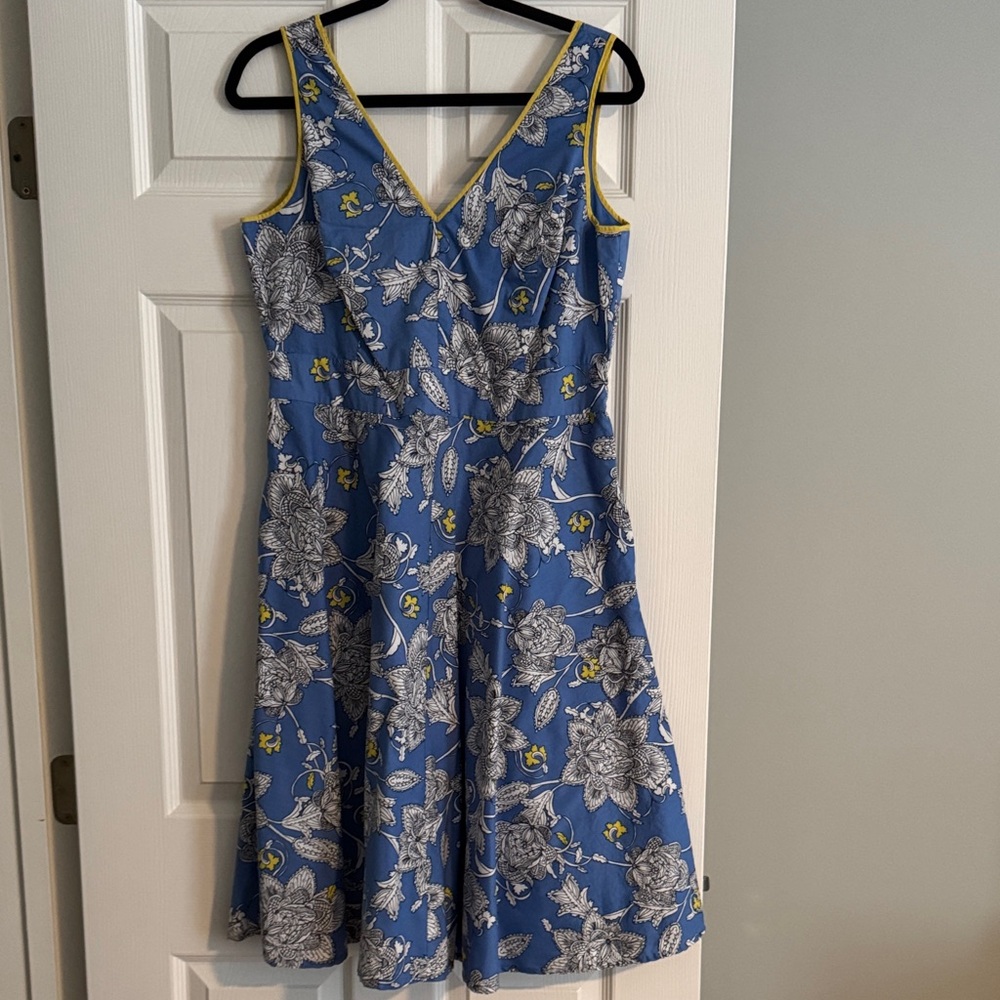 Boden Blue and Yellow Floral Knee Length Floral Aline Dress